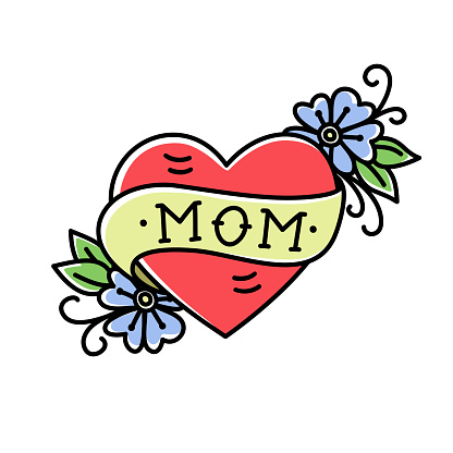 Tatoo with Mom inscription in heart shape, flowers and ribbon, isolated on a white background. Retro american old school style. Vector illustration. T-shirt print