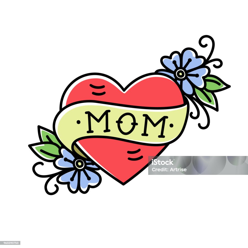 Tatoo with Mom inscription in heart shape Tatoo with Mom inscription in heart shape, flowers and ribbon, isolated on a white background. Retro american old school style. Vector illustration. T-shirt print Tattoo stock vector