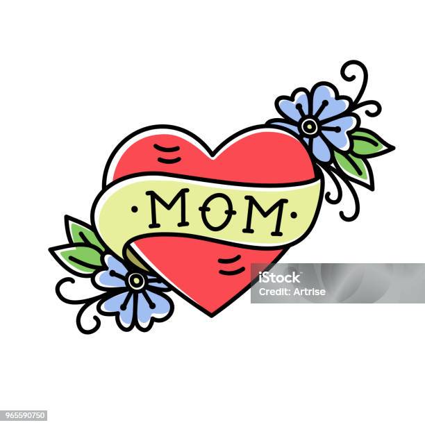 Tatoo With Mom Inscription In Heart Shape Stock Illustration - Download Image Now - Tattoo, Mother, Heart Shape
