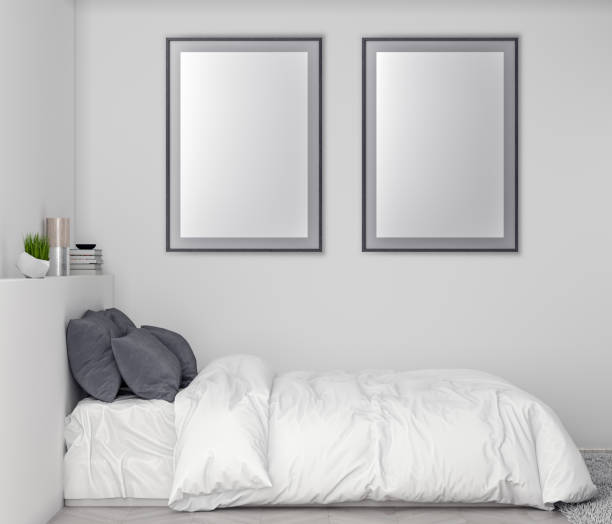 istock Mock up poster frame in bedroom interior background, 3D illustration 965591622