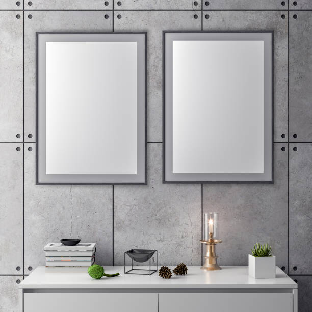 istock Mock up poster frame in hipster interior background and concrete wall, 3D illustration 965602844