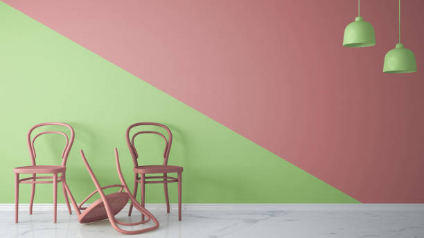 istock Minimalist architect designer concept with three classic colored chairs, one chair turned violet on pink and green background and marble floor, living room interior design with copy space 965603238