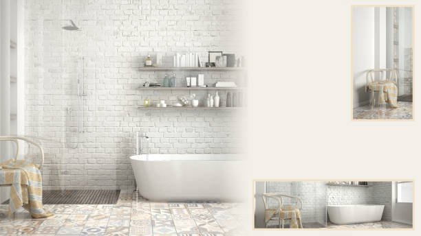 istock Classic bathroom presentation with copy space and details closeup, architect interior designer concept idea, sample text space 965605822