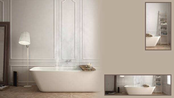 istock Minimalist bathroom presentation with copy space and details closeup, architect interior designer concept idea, sample text space 965607452