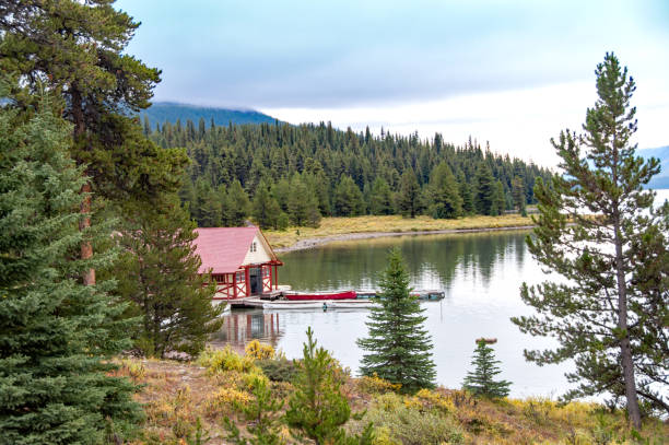 istock Boathouse at Maligne Lake, Jasper National Park 965608220