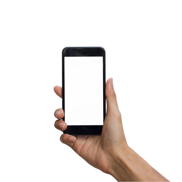 Hand holding black smartphone with white screen for mock up isolated on white background with clipping path.