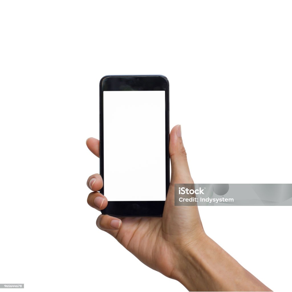 Hand holding black smartphone with white screen for mock up isolated on white background with clipping path. Telephone Stock Photo