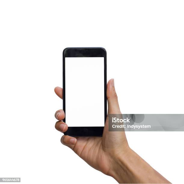 Foto de Mão Segurando Preto Smartphone Com Tela Branca Para Simulação Se Isolado No Fundo Branco Com Traçado De Recorte e mais fotos de stock de Telefone