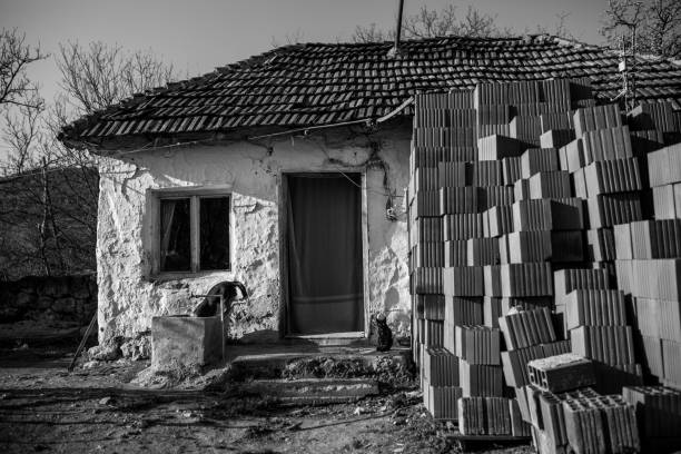 istock Black and white image of an old ruined house 965647944