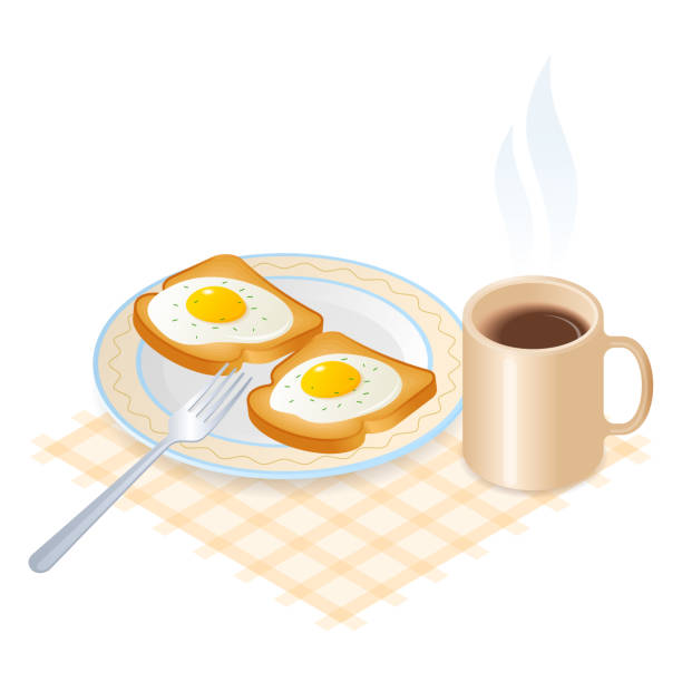 płaska izometryczna ilustracja potrawy z jajkami na grzankach. - fork plate isolated scrambled eggs stock illustrations