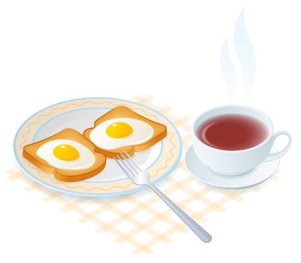 flache isometrische darstellung der gericht mit eiern auf einem toast. - fork plate isolated scrambled eggs stock-grafiken, -clipart, -cartoons und -symbole