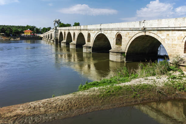 Bridge from period of Ottoman Empire over Meric River in city of Edirne,  East Thrace, Turkey stock photo