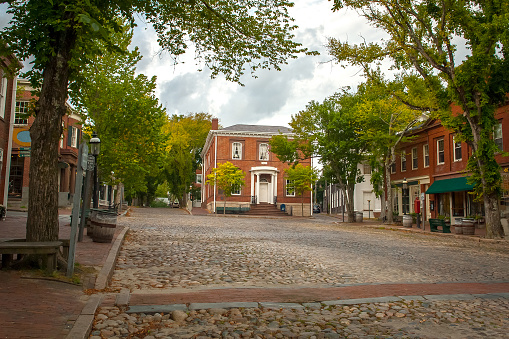 An early morning view of the cobblestone Main St., Nantucket village, MA