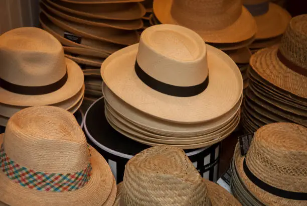 A collection of hats for sale in a Nantucket shop, MA