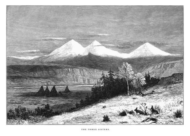 illustrazioni stock, clip art, cartoni animati e icone di tendenza di three sisters, cascade range, oregon, stati uniti, american victorian engraving, 1872 - 1870