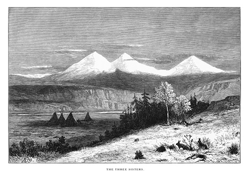 Very Rare, Beautifully Illustrated Antique Engraving of Three Sisters, Cascade Range, Oregon, United States, American Victorian Engraving, 1872. Source: Original edition from my own archives. Copyright has expired on this artwork. Digitally restored.