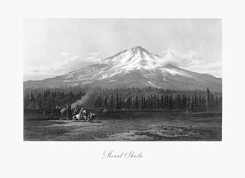 Very Rare, Beautifully Illustrated Antique Engraving of Mount Shasta, Cascade Range, Northern California, United States, American Victorian Engraving, 1872. Source: Original edition from my own archives. Copyright has expired on this artwork. Digitally restored.