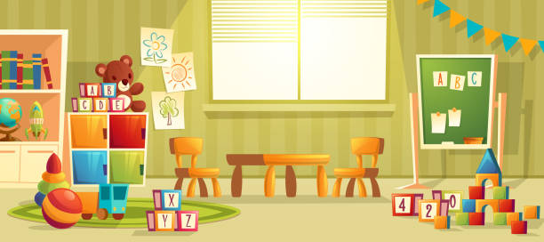 ilustraciones, imágenes clip art, dibujos animados e iconos de stock de interior de dibujos animados vector de la sala de jardín de infantes - window book education symbol