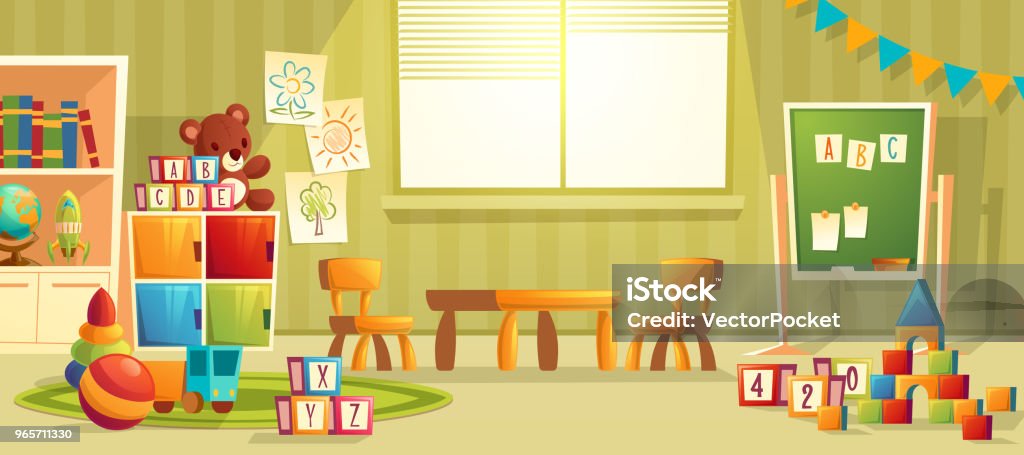 Vector cartoon interior of kindergarten room Vector cartoon illustration of empty kindergarten room with furniture and toys for young children. Nursery school for learning kids, modern interior of playroom for fun and playing games Preschool stock vector