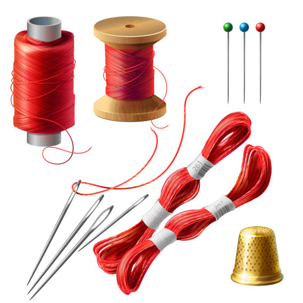 illustrations, cliparts, dessins animés et icônes de vecteur 3d réaliste tailleur ensemble pour la couture - sewing tailor thread sewing kit