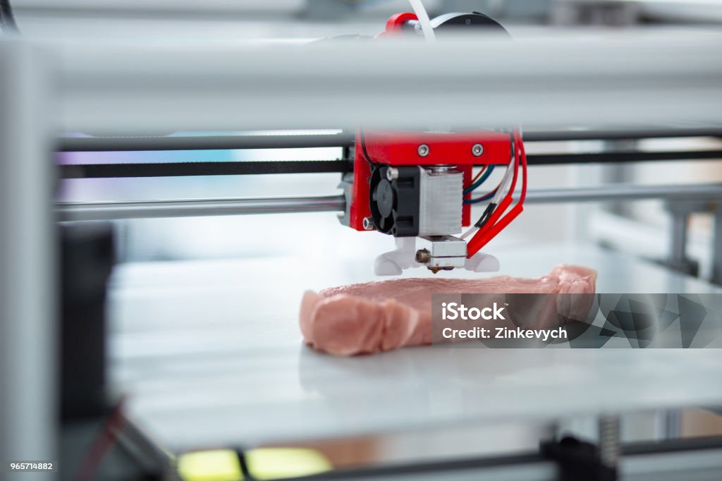 Close up of 3D printer recreating piece of meat Absolutely alike. The close up of a 3D printer recreating a piece of meat, imitating all the little details 3D Printing Stock Photo