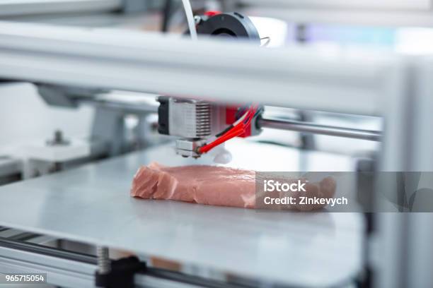 Close Up Of 3d Printer Making Piece Of Meat Stock Photo - Download Image Now - 3D Printing, Meat, Three Dimensional