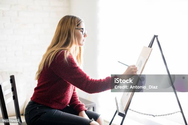Woman Artist Doing Canvas Painting Stock Photo - Download Image Now - 20-29 Years, Adult, Art
