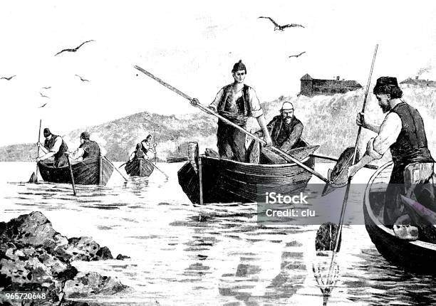 Fishermen In Boats Fishing Conches Stock Illustration - Download Image Now - Engraved Image, Engraving, Fisherman