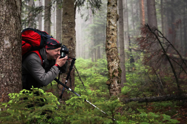istock Photographer with camera on tripod shooting a landscape in forest 965723646