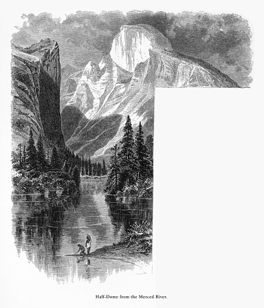 Very Rare, Beautifully Illustrated Antique Engraving of Half Dome from the Merced River, Yosemite National Park, Sierra Nevada, California, American Victorian Engraving, 1872. Source: Original edition from my own archives. Copyright has expired on this artwork. Digitally restored.