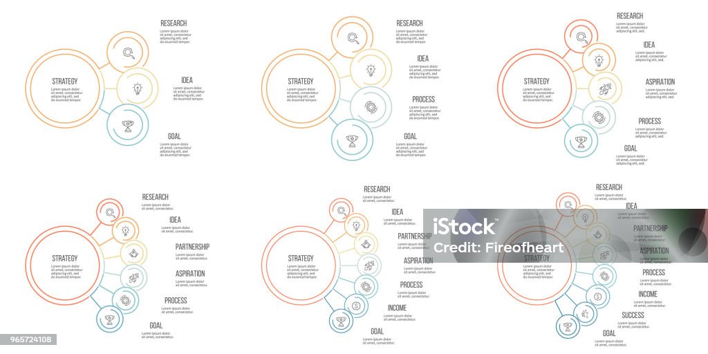 Business infographics. Organization charts with 3, 4, 5, 6, 7, 8 options. Vector template. Infographic stock vector