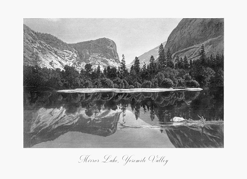 Very Rare, Beautifully Illustrated Antique Engraving of Mirror Lake, Yosemite Valley, Yosemite National Park, Sierra Nevada, California, American Victorian Engraving, 1872. Source: Original edition from my own archives. Copyright has expired on this artwork. Digitally restored.