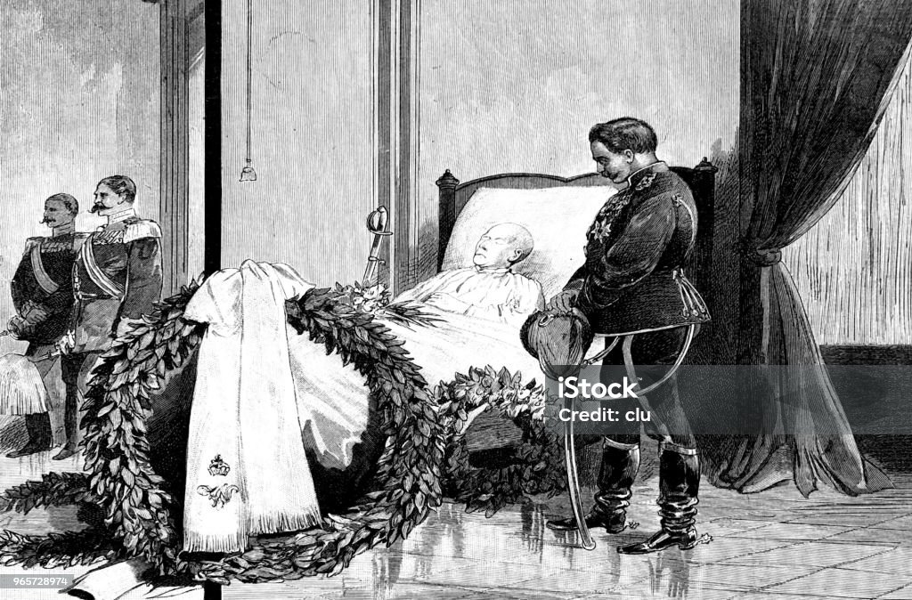 The German Emperor at the deathbed of Count von Moltke Illustration from 19th century 1890-1899 stock illustration