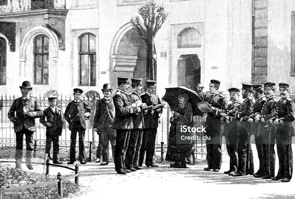 Woman with umbrella surrounded by soldiers Illustration from 19th century Engraved Image stock illustration