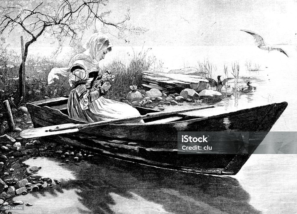 Young woman sits in a rowing boat on the lake shore, playing flower oracle Illustration from 19th century Black And White stock illustration