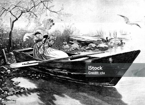 Young Woman Sits In A Rowing Boat On The Lake Shore Playing Flower Oracle Stock Illustration - Download Image Now