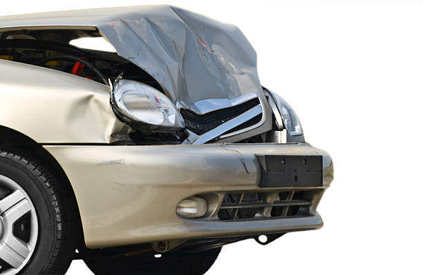 Front part of a beige wrecked car broken front of new car, detailed close-up bumper photos stock pictures, royalty-free photos & images