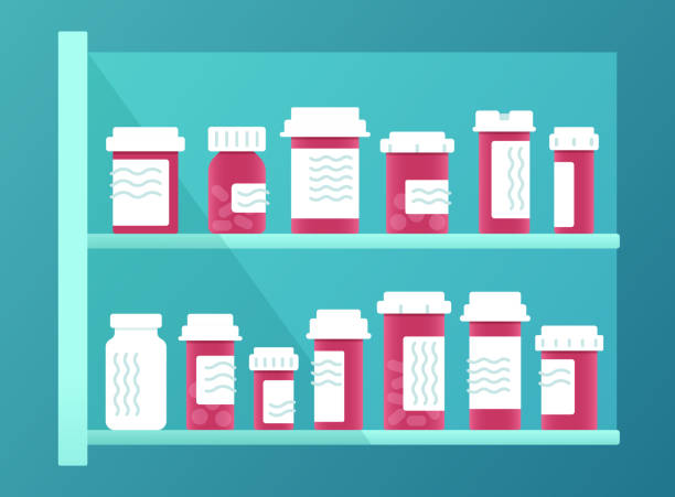 ilustraciones, imágenes clip art, dibujos animados e iconos de stock de receta medicamento - armario de aseo personal