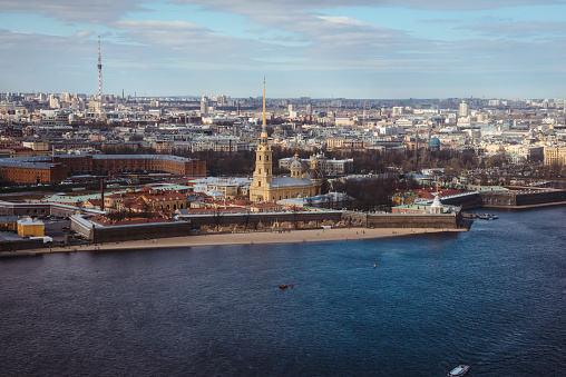 Beautiful aerial view of Saint-Petersburg, Russia, The Vasilievskiy Island, Isaacs Cathedral, Admiralty, Palace Bridge, cityscape and scenery the city, shot from helicopter. Travel Russia tourism