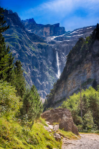 Circus of Gavarnie A pathway within Cirque de Gavarnie in the Pyrenees. The Gavarnie Falls waterfall is visible in the distance. gavarnie stock pictures, royalty-free photos & images