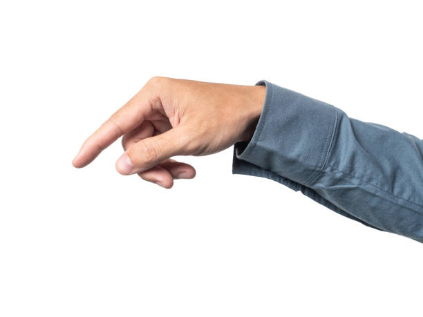 istock Business man hand pointing somethings wearing blue shirt. 965749596
