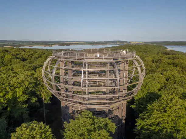 Baumwipfelpfad or treetop walkway and the Eagle Nest view Tower on the island of Ruegen, Germany