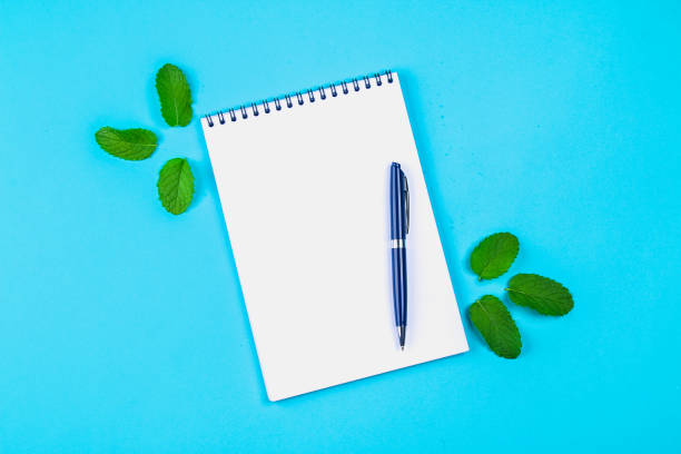 istock An empty notebook with a blue handle and mint leaves on a blue pastel background. mock-up, frame, template. 965758560