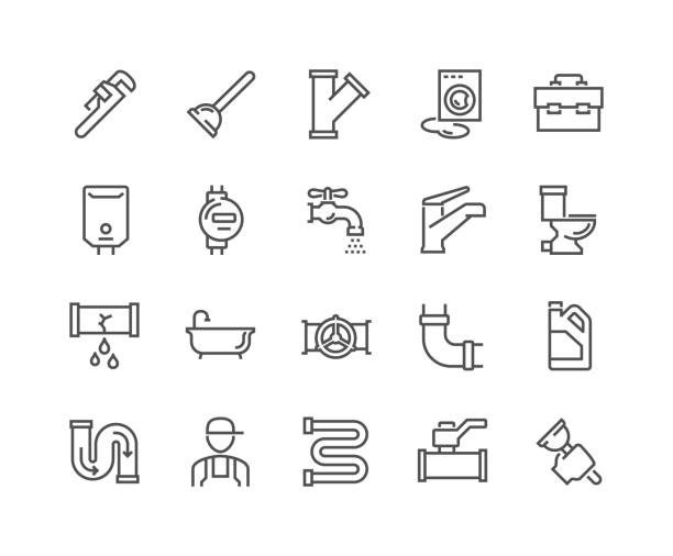 ilustraciones, imágenes clip art, dibujos animados e iconos de stock de iconos de plomero de línea - plunger