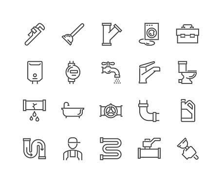 Simple Set of Plumber Related Vector Line Icons. Contains such Icons as Leaking Washing Machine, Water Heater, Tool Box and more. Editable Stroke. 48x48 Pixel Perfect.