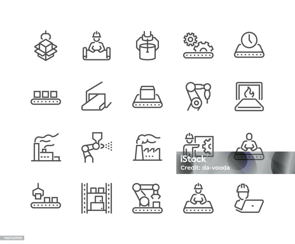 Line Mass Production Icons Simple Set of Mass Production Related Vector Line Icons. Contains such Icons as Industrial Oven, Robot Manipulator, Warehouse, Painting Bot and more. Editable Stroke. 48x48 Pixel Perfect. Icon Symbol stock vector