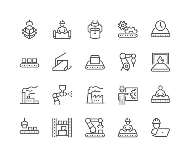 Line Mass Production Icons Simple Set of Mass Production Related Vector Line Icons. Contains such Icons as Industrial Oven, Robot Manipulator, Warehouse, Painting Bot and more. Editable Stroke. 48x48 Pixel Perfect. engineer stock illustrations