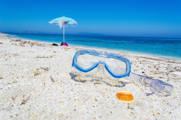 istock Diving masjk and snorkel on white sand 965766600