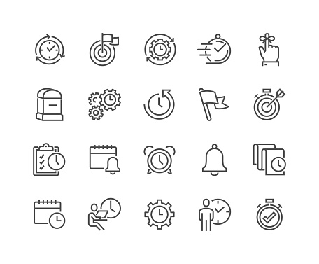 Simple Set of Time Management Related Vector Line Icons. Contains such Icons as Milestone, Reminder, Goal, Working Hours and more. Editable Stroke. 48x48 Pixel Perfect.