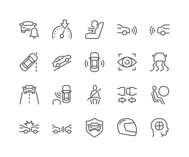 Line Car Safety Icons Simple Set of Car Safety Related Vector Line Icons. Contains such Icons as Baby Cheat, Lane Control, Front and Back Parking Sensors and more. Editable Stroke. 48x48 Pixel Perfect. driving stock illustrations